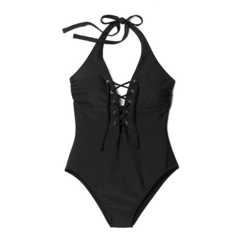 Adore Me Emery Contour One Piece Swimsuit Black Lace Up Halter Small